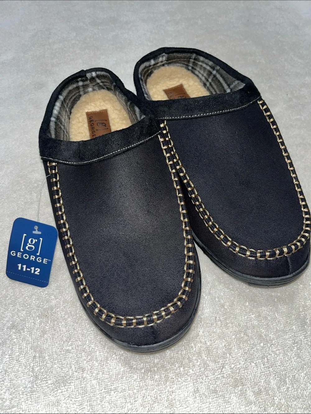 George Black Slip-On Moccasin Slippers with Tan Stitching
